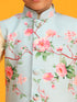 Boy's Aqua Blue Jacket With Yellow Floral Printed Kurta With Cream Solid Pyjama Set